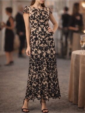 JS Collections Black Floral Lace Maxi Dress over Nude